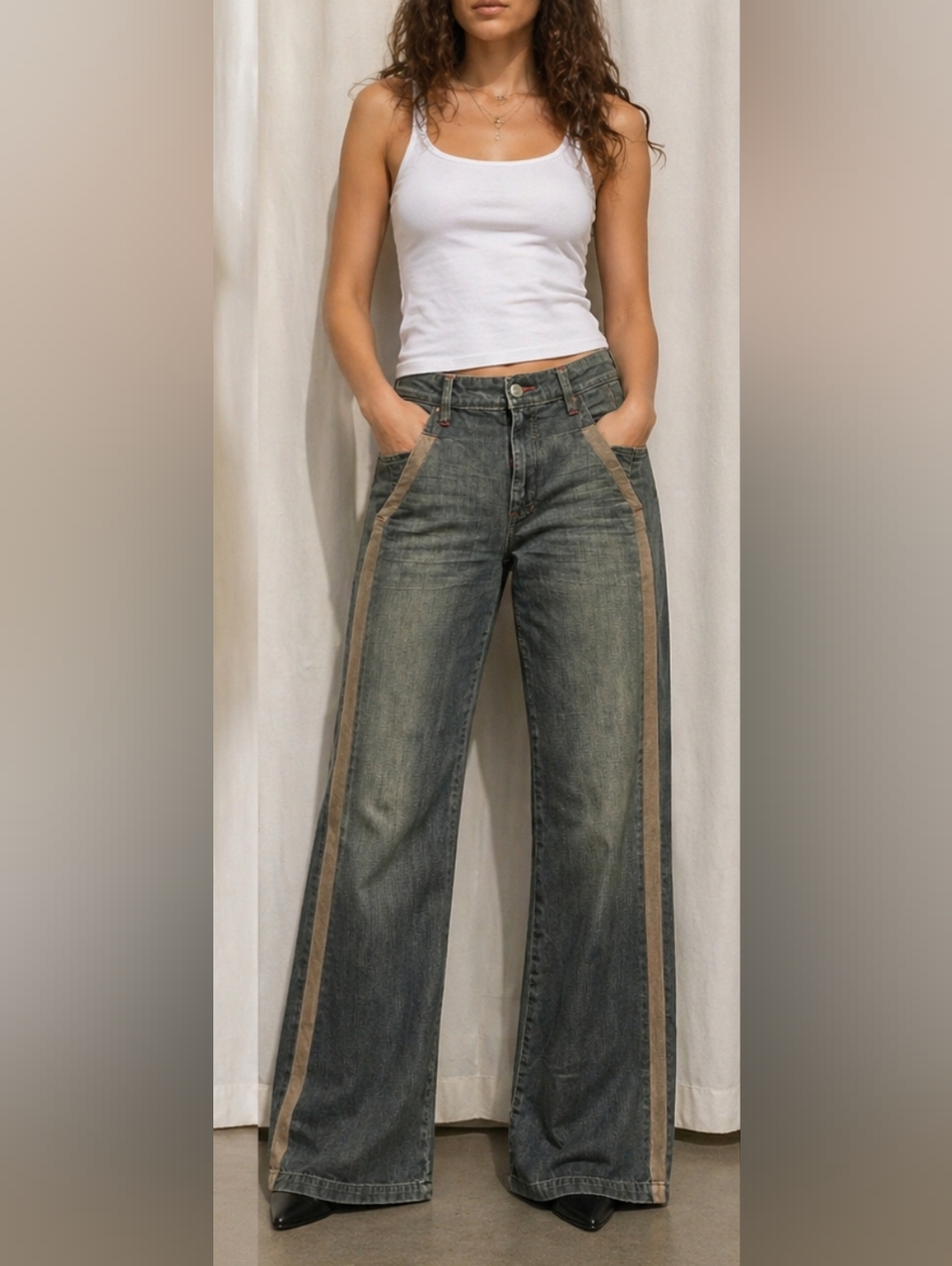 7 For All Mankind Bootcut Jeans with Tan Side Stripes & Missing Closure